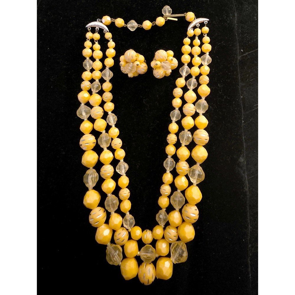 Vintage West Germany Yellow 3-Strand Graduated Bead Necklace & Earring Set